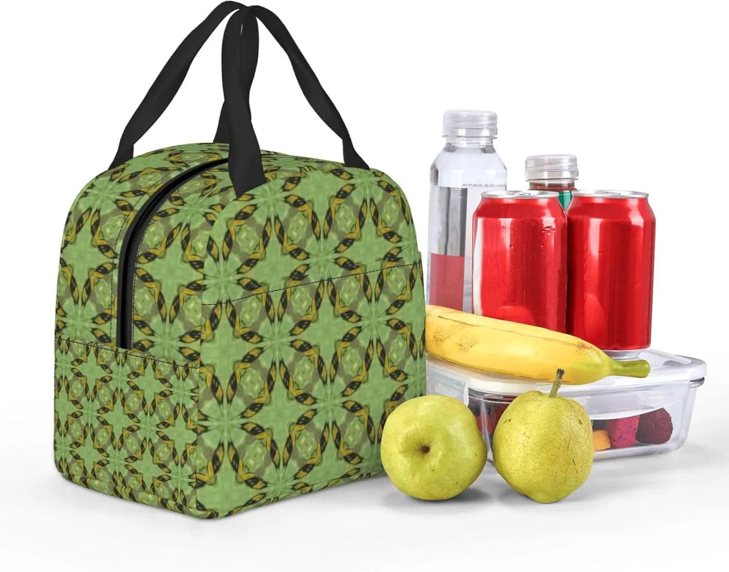 Thai Traditional Green Pattern Lunch Bag, Large Capacity Reusable Insulated Cooler Lunch Container For Work Office Picnic Or Travel