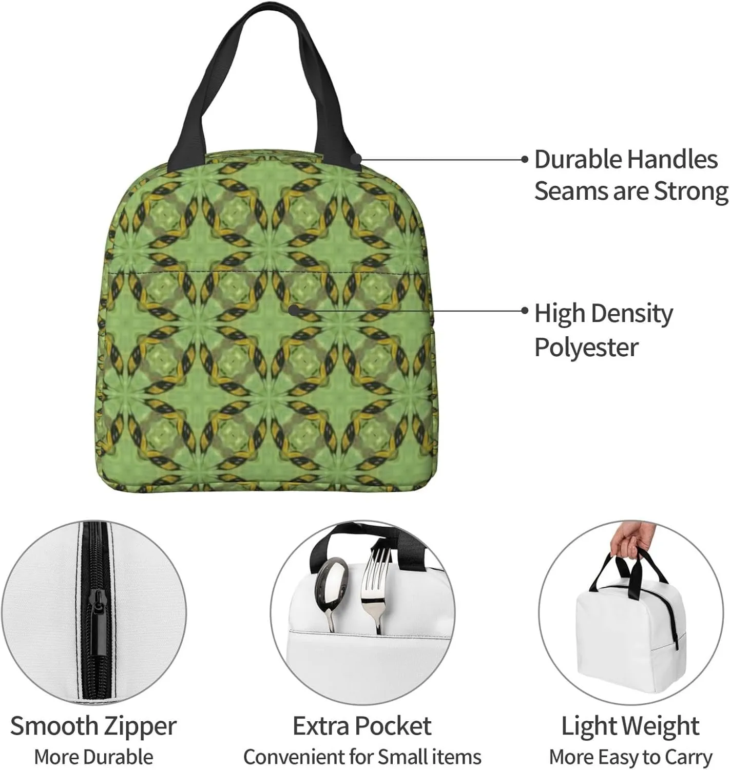 Thai Traditional Green Pattern Lunch Bag, Large Capacity Reusable Insulated Cooler Lunch Container For Work Office Picnic Or Travel