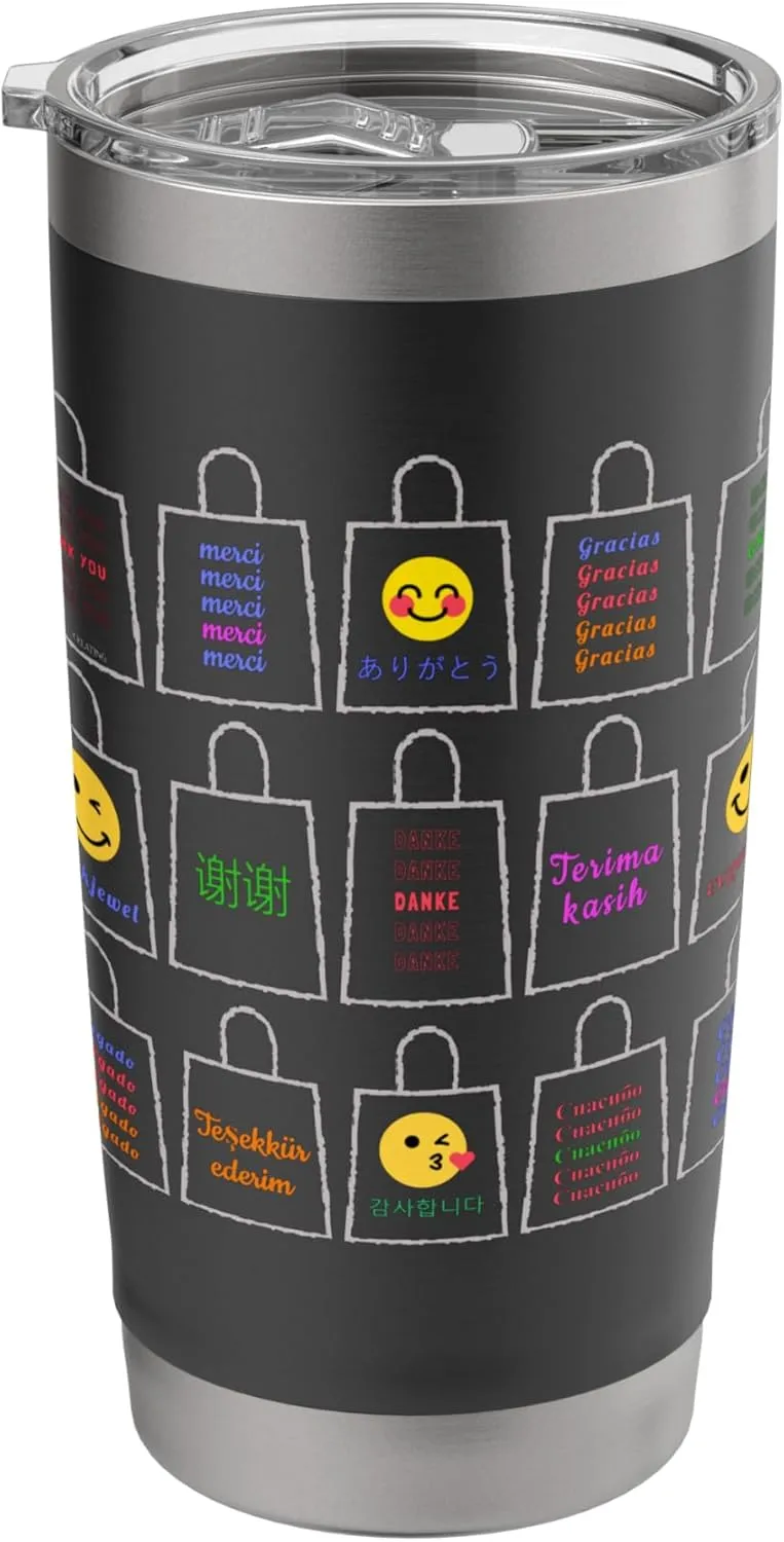 Thank You Shopping Bag Thrift Store Different Languages Stainless Steel Insulated Tumbler