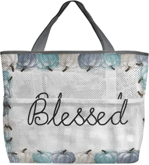Thanksgiving Beach Tote Bag for Women, Teal Blue Grey Pumpkin Fall Harvest Mesh Beach Bags Waterproof Sandproof, Outdoor Picnic Swim Pool Handbag - Large Beach Bag with Zipper and Pockets