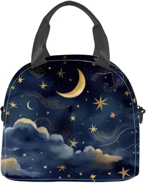 the night sky gold foil constellations stars and clouds watercolor Insulated Adult Lunch Bag with Shoulder Strap for Women Lightweight Reusable Portable Freezable Lunch Tote Bag for Work Picnic