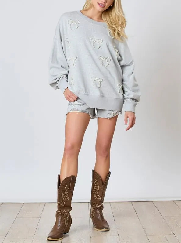 Thopavenoir Y2k Pearl Bow Sweatshirt for Women Oversized Long Sleeve Pullover Shirt Fairycore Grunge Going Out Jumper Tops