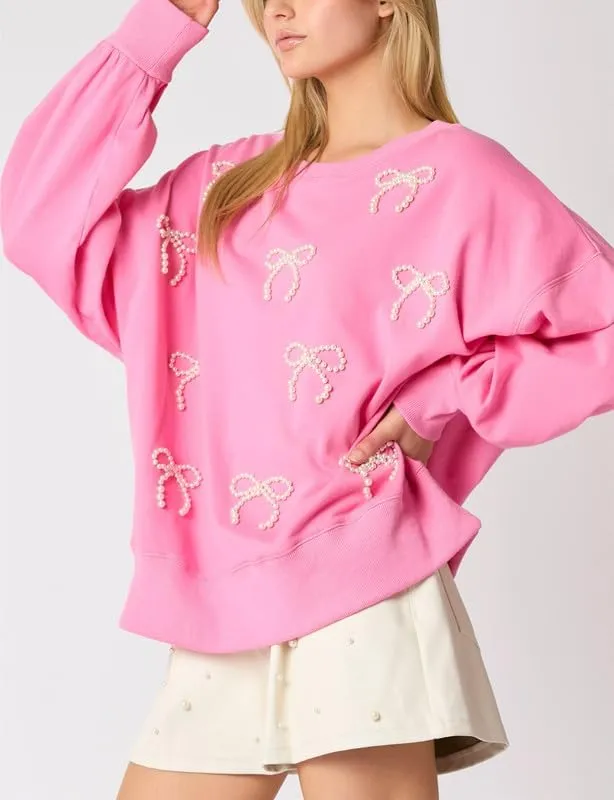 Thopavenoir Y2k Pearl Bow Sweatshirt for Women Oversized Long Sleeve Pullover Shirt Fairycore Grunge Going Out Jumper Tops