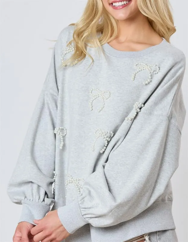 Thopavenoir Y2k Pearl Bow Sweatshirt for Women Oversized Long Sleeve Pullover Shirt Fairycore Grunge Going Out Jumper Tops