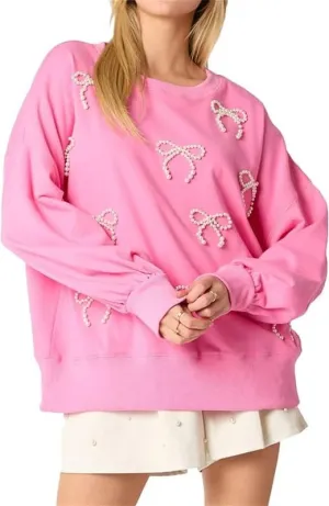 Thopavenoir Y2k Pearl Bow Sweatshirt for Women Oversized Long Sleeve Pullover Shirt Fairycore Grunge Going Out Jumper Tops
