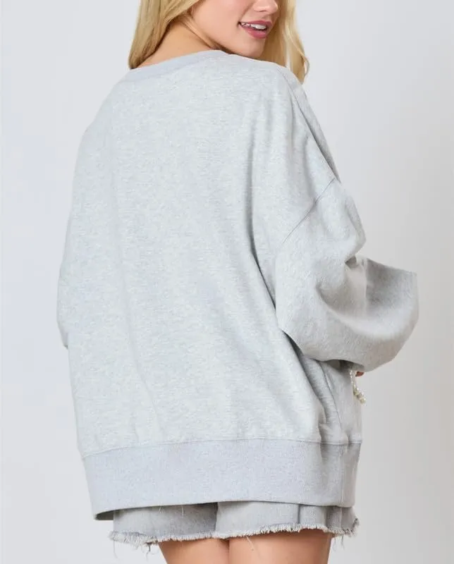 Thopavenoir Y2k Pearl Bow Sweatshirt for Women Oversized Long Sleeve Pullover Shirt Fairycore Grunge Going Out Jumper Tops