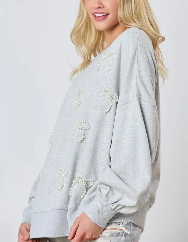 Thopavenoir Y2k Pearl Bow Sweatshirt for Women Oversized Long Sleeve Pullover Shirt Fairycore Grunge Going Out Jumper Tops