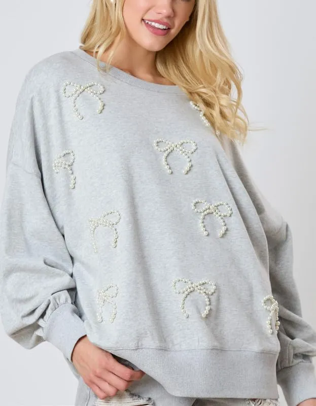 Thopavenoir Y2k Pearl Bow Sweatshirt for Women Oversized Long Sleeve Pullover Shirt Fairycore Grunge Going Out Jumper Tops