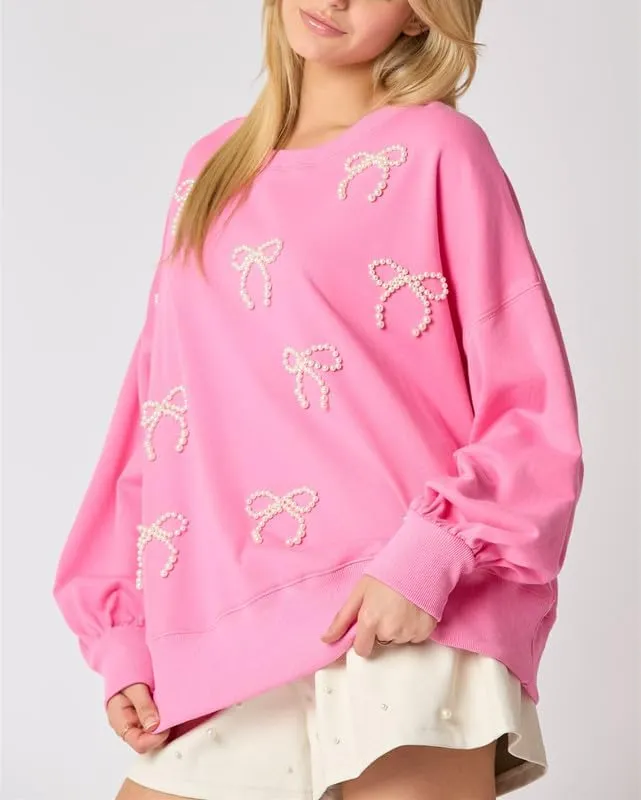 Thopavenoir Y2k Pearl Bow Sweatshirt for Women Oversized Long Sleeve Pullover Shirt Fairycore Grunge Going Out Jumper Tops