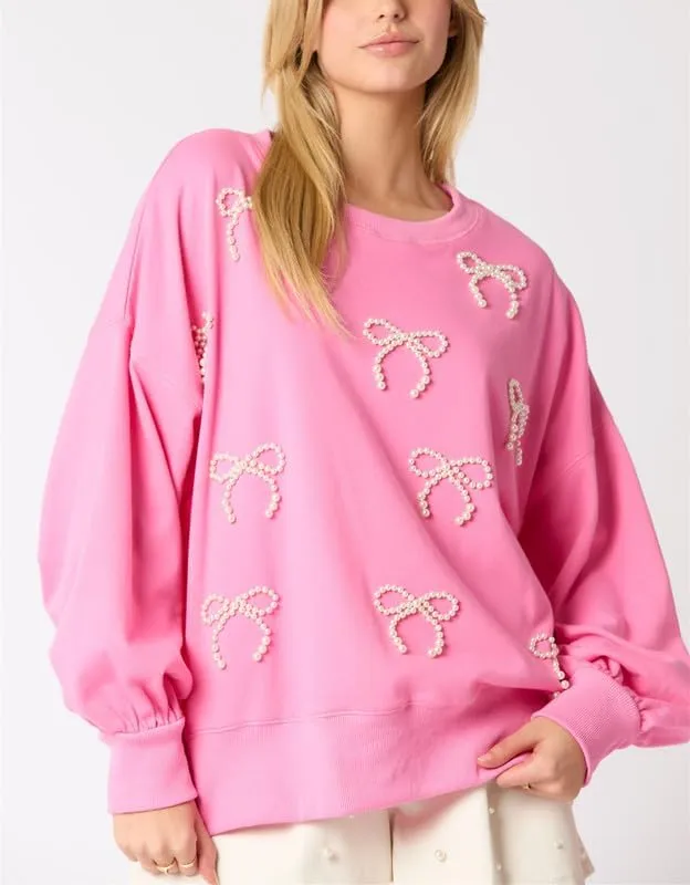 Thopavenoir Y2k Pearl Bow Sweatshirt for Women Oversized Long Sleeve Pullover Shirt Fairycore Grunge Going Out Jumper Tops