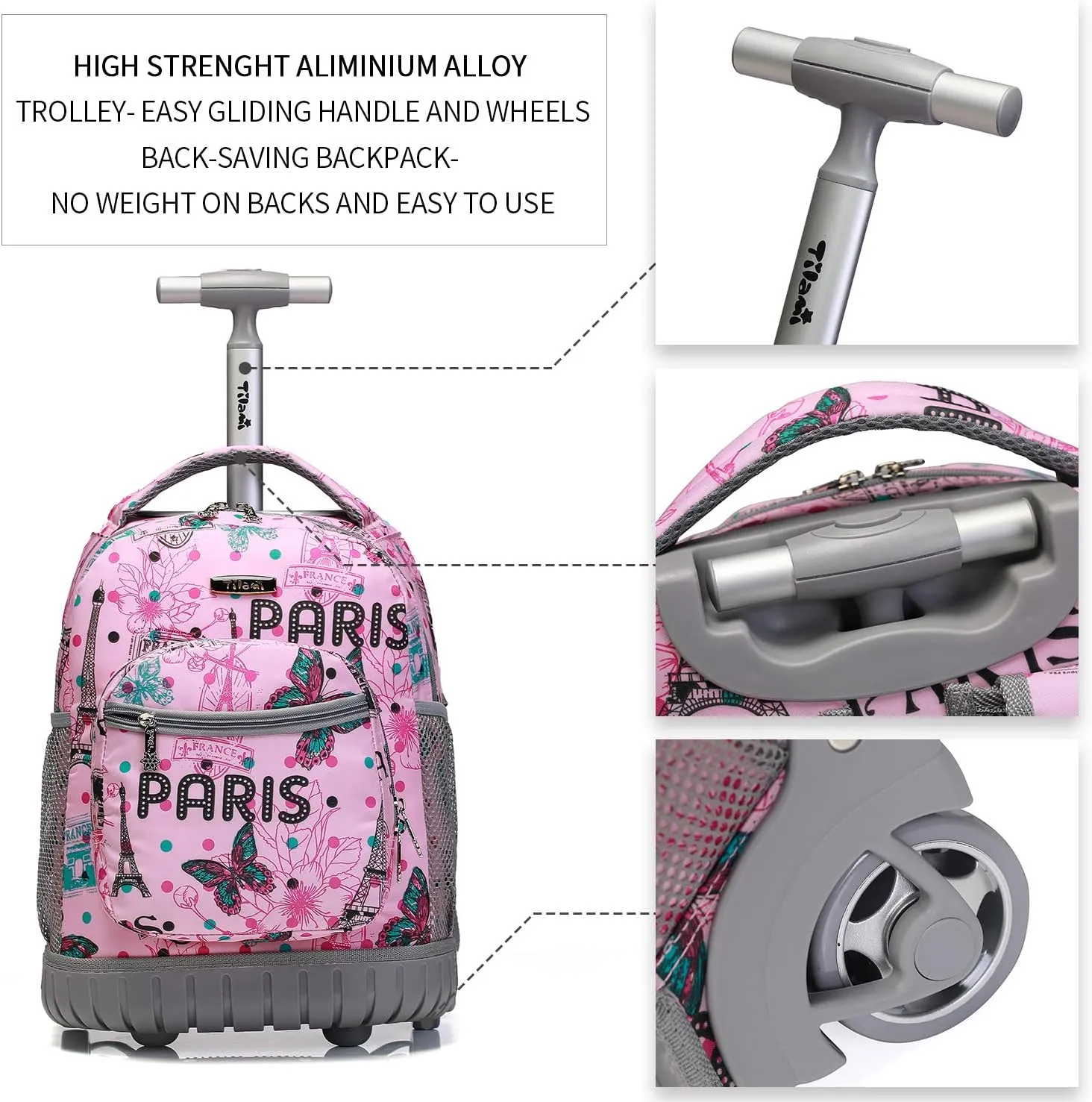 Tilami Rolling Backpack 16 Inch School College Travel Carry-on Backpack Boys Girls, Travel