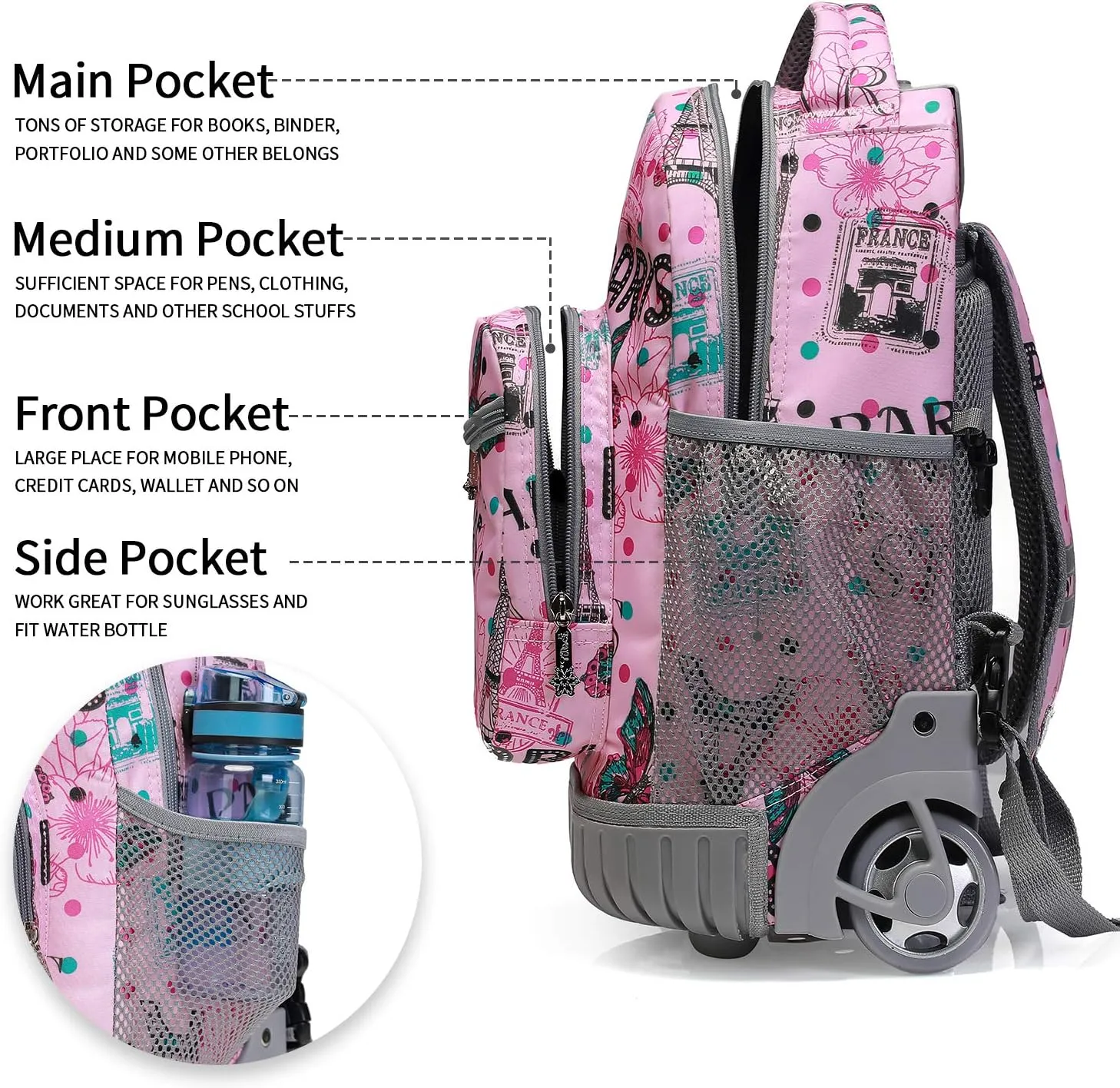 Tilami Rolling Backpack 16 Inch School College Travel Carry-on Backpack Boys Girls, Travel