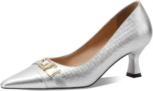 TinaCus Genuine Leather Handmade Buckle Women's Pointed Toe Mid Heels Trendy Pumps Shoes