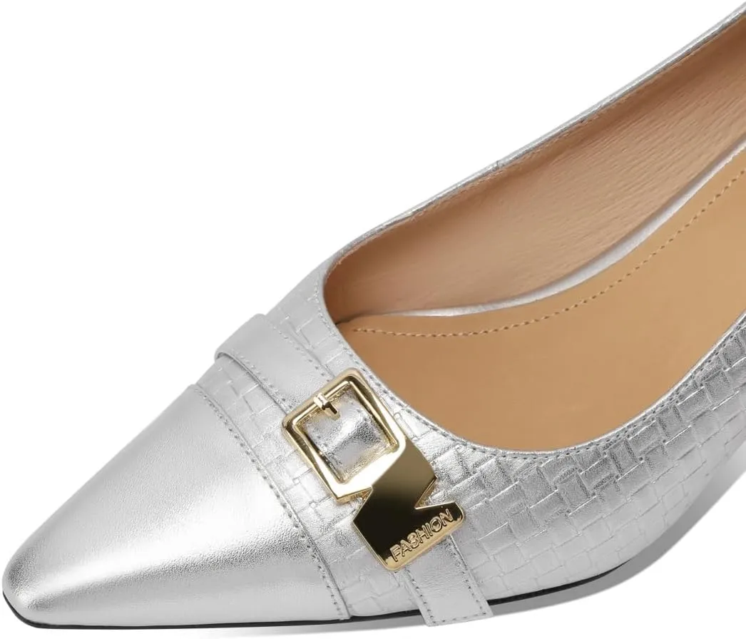 TinaCus Genuine Leather Handmade Buckle Women's Pointed Toe Mid Heels Trendy Pumps Shoes