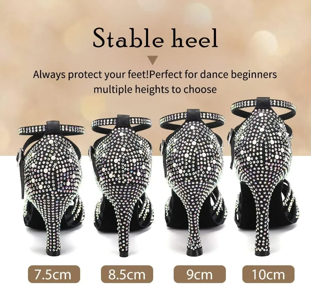 TINRYMX Women Latin Dance Shoes Rhinestones Sparkly Ballroom Salsa Performance Party Dancing Heels,Model-L432/L506