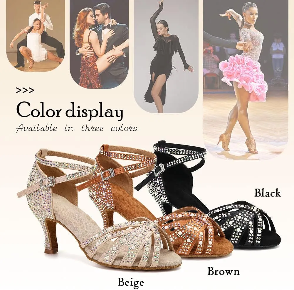 TINRYMX Women Latin Dance Shoes Rhinestones Sparkly Ballroom Salsa Performance Party Dancing Heels,Model-L432/L506