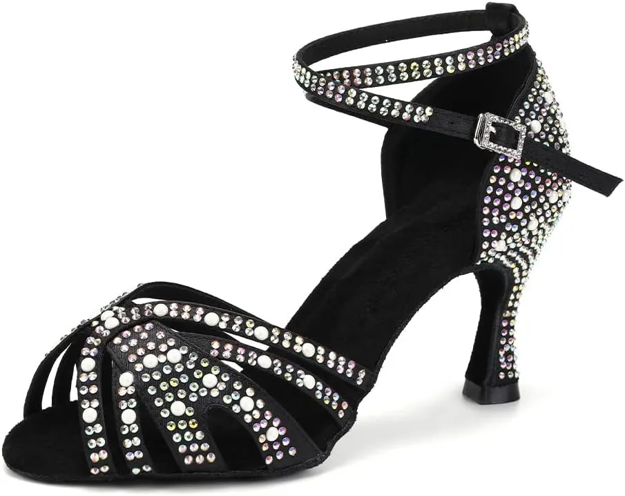 TINRYMX Women Latin Dance Shoes Rhinestones Sparkly Ballroom Salsa Performance Party Dancing Heels,Model-L432/L506