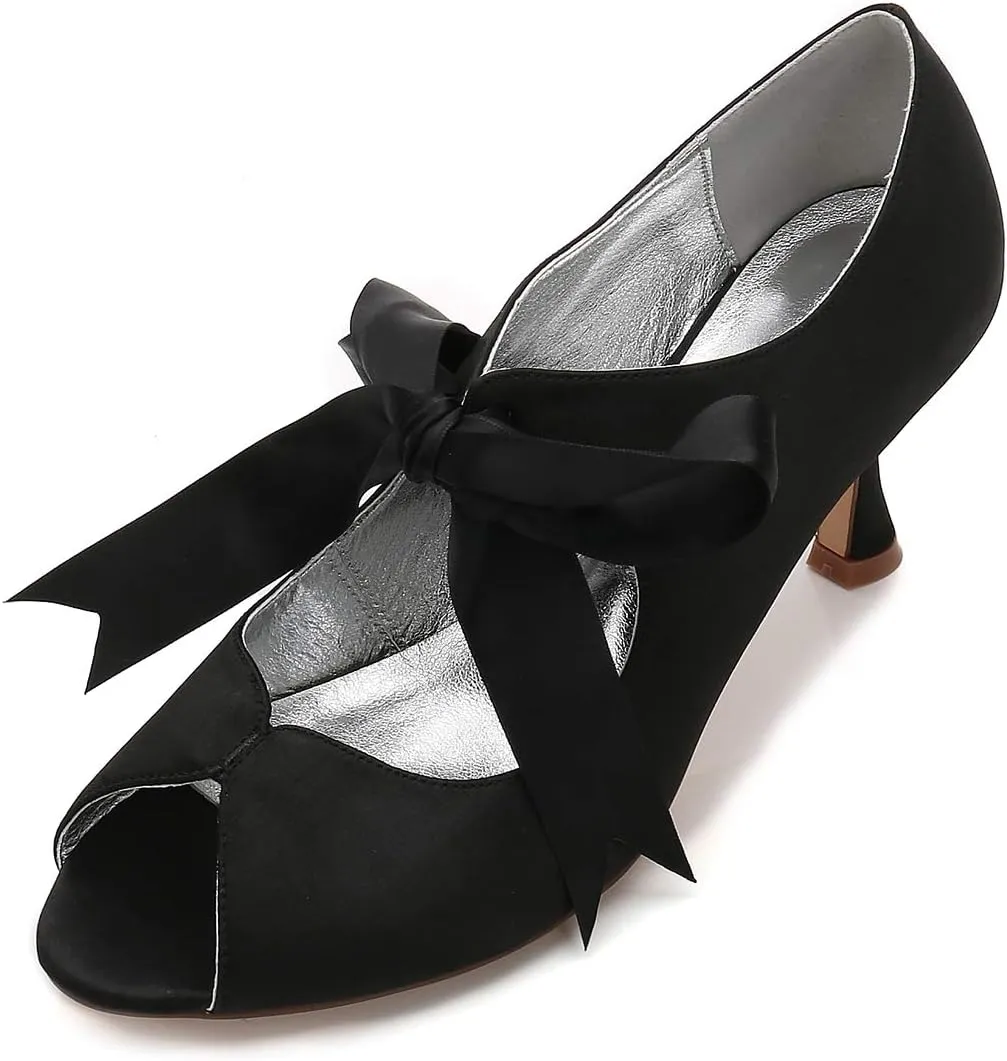 TNXZ Women's Peep Toe Satin Shoes High Heels Bridal Bridesmaid Ribbon Laces Bowknot Design Evening Party Pumps