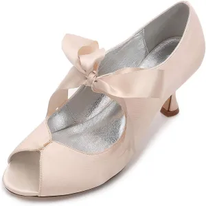 TNXZ Women's Peep Toe Satin Shoes High Heels Bridal Bridesmaid Ribbon Laces Bowknot Design Evening Party Pumps