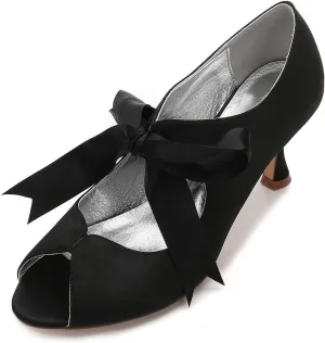 TNXZ Women's Peep Toe Satin Shoes High Heels Bridal Bridesmaid Ribbon Laces Bowknot Design Evening Party Pumps