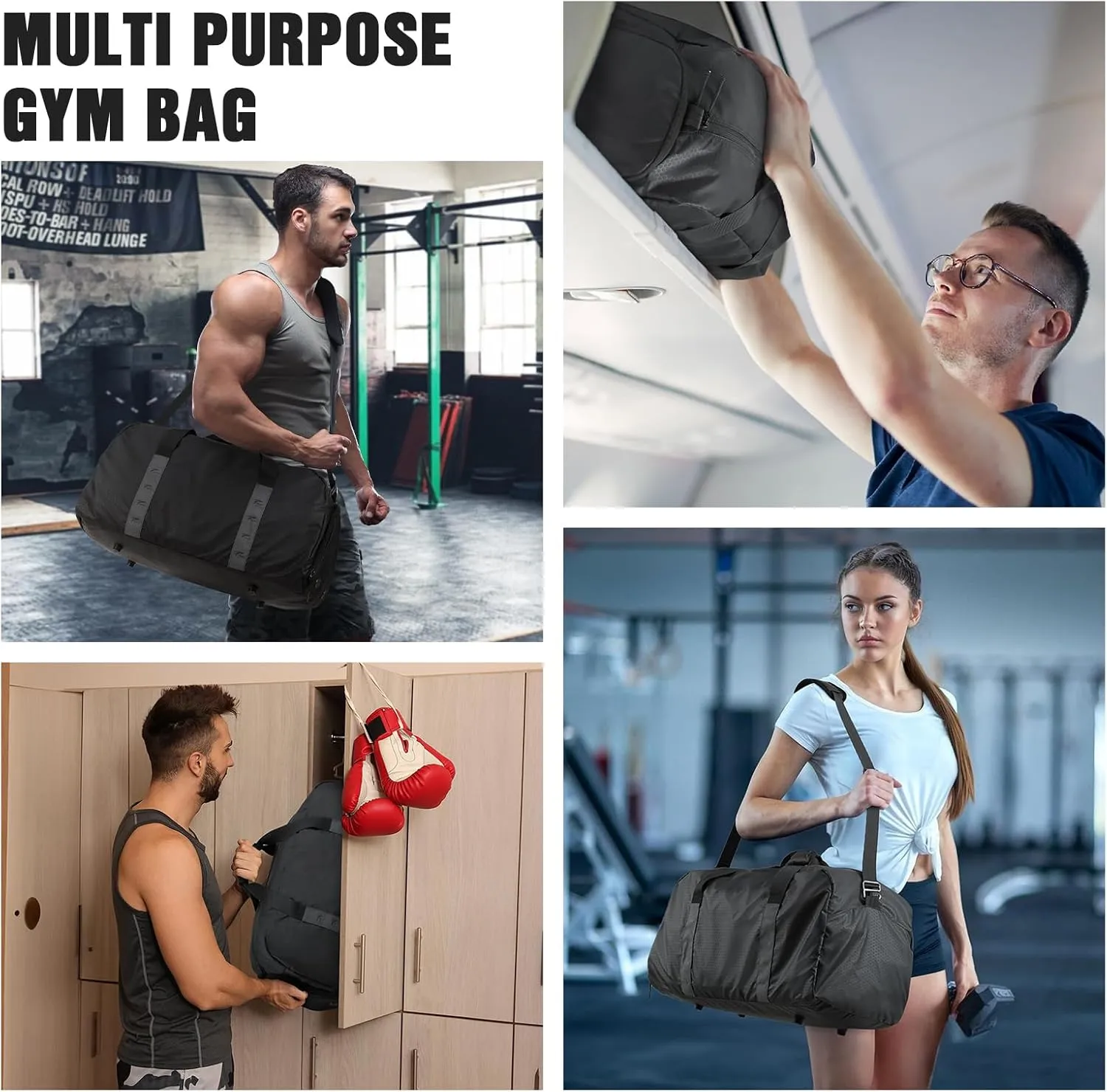 Tolaccea Gym Bag for Men Women, Large Sport Duffel Bag with Shoe Compartment Wet Compartment, Travel Duffel Bag Backpack, Weekend Bag Carry On Backpack for Gym, Travel, Fitness, Workout (Black, 42L)