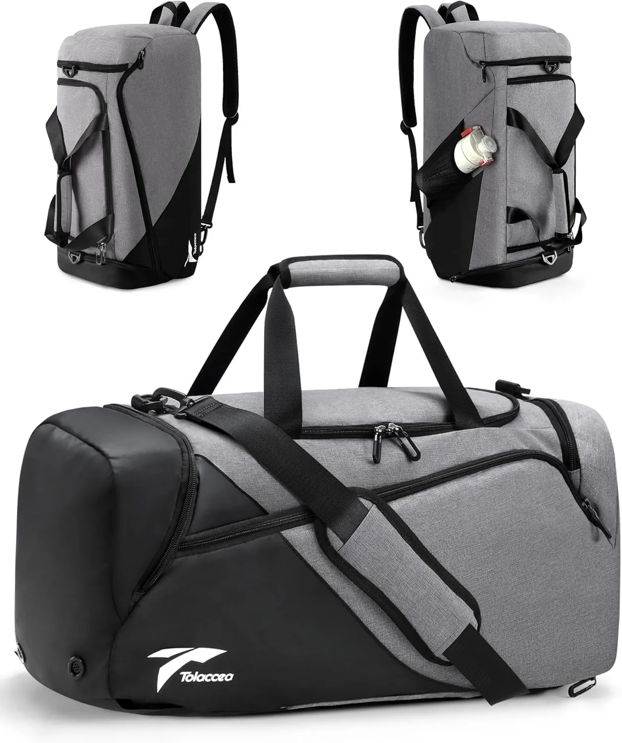 Tolaccea Gym Bag for Men Women, Large Sports Bag with Shoe Compartment, Travel Duffle Bag with Backpack Straps, Weekender Duffel Bags Carry On Backpack for Gym, Travel, Fitness, Workout (Grey, 60L)