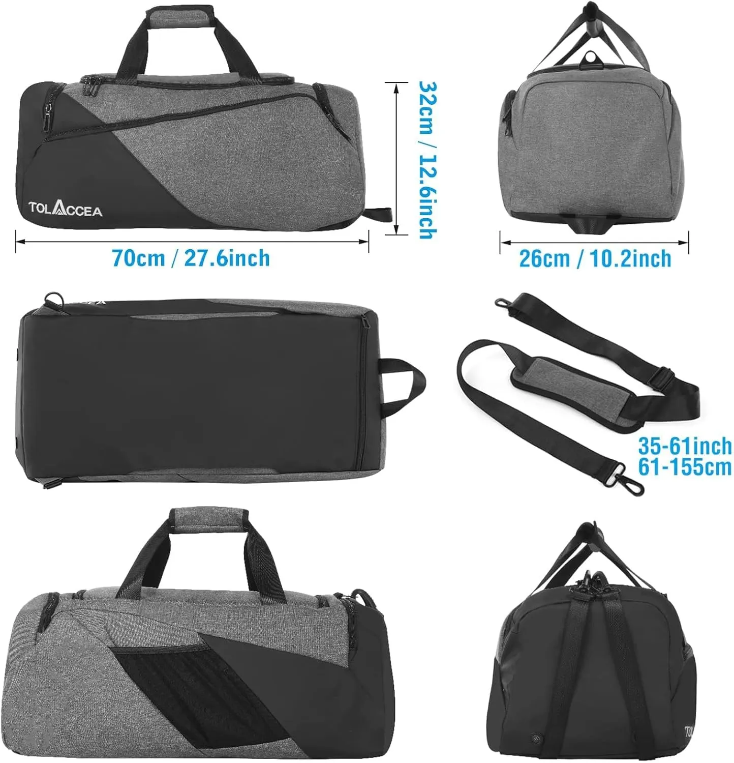 Tolaccea Gym Bag for Men Women, Large Sports Bag with Shoe Compartment, Travel Duffle Bag with Backpack Straps, Weekender Duffel Bags Carry On Backpack for Gym, Travel, Fitness, Workout (Grey, 60L)