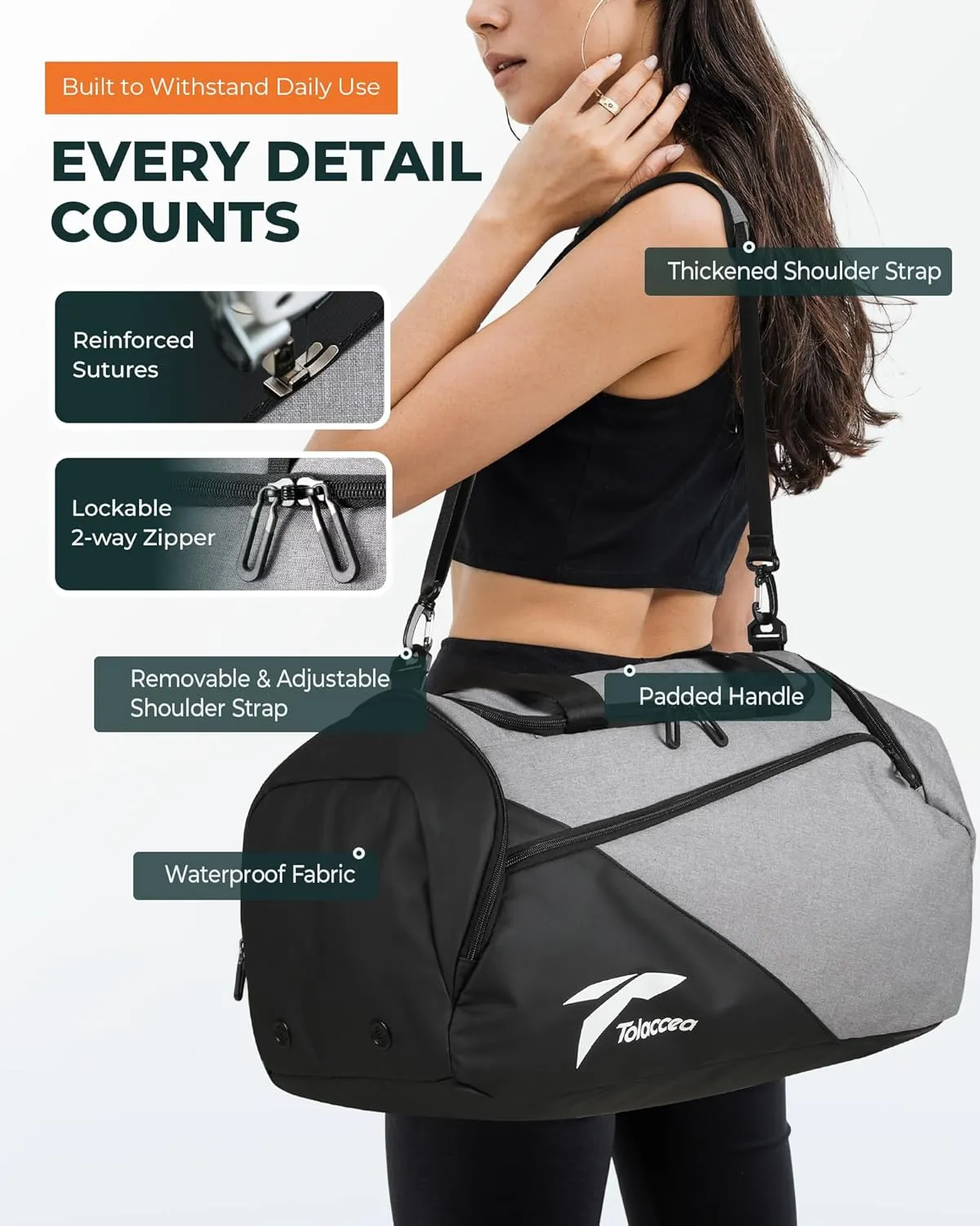 Tolaccea Gym Bag for Men Women, Large Sports Bag with Shoe Compartment, Travel Duffle Bag with Backpack Straps, Weekender Duffel Bags Carry On Backpack for Gym, Travel, Fitness, Workout (Grey, 60L)