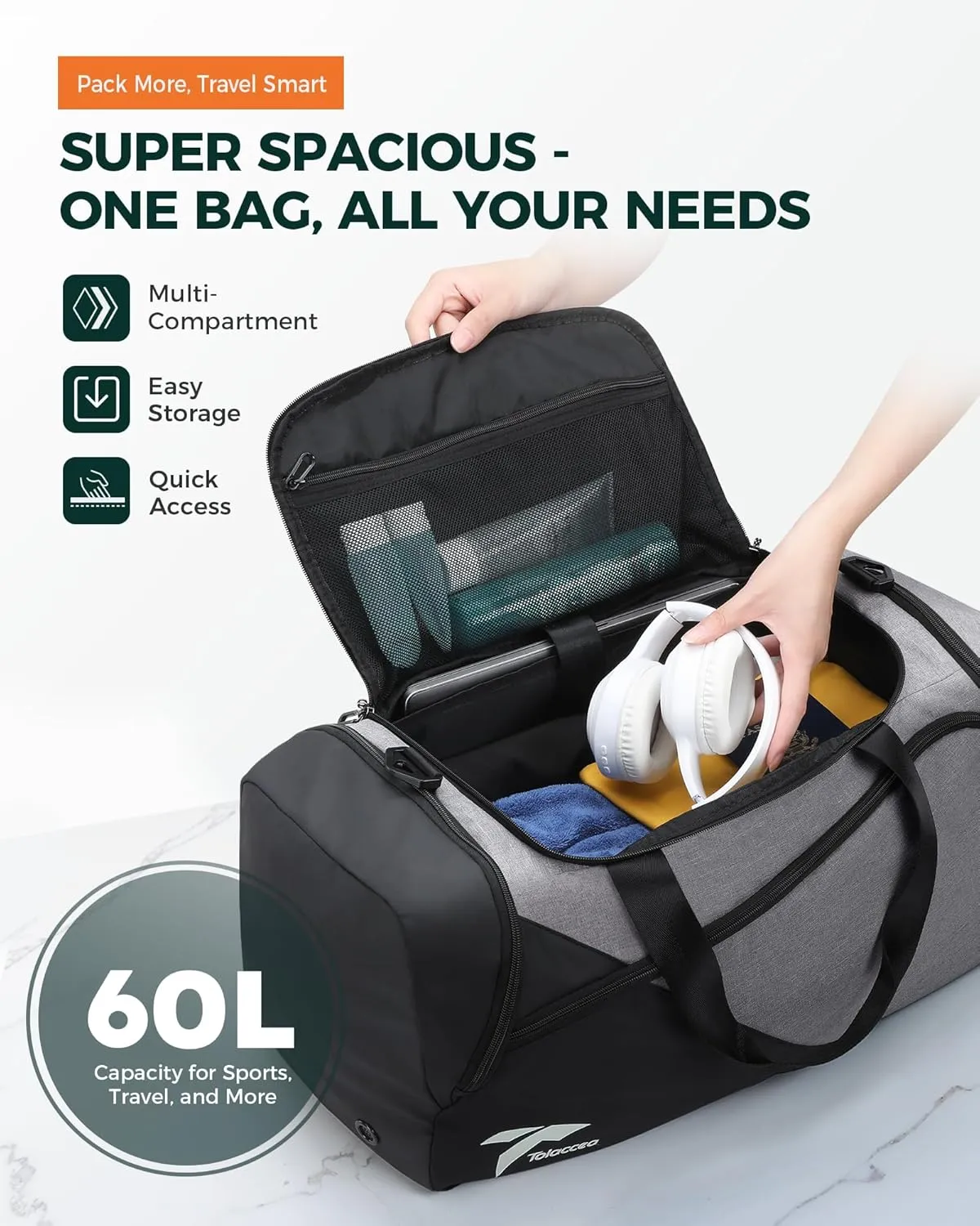 Tolaccea Gym Bag for Men Women, Large Sports Bag with Shoe Compartment, Travel Duffle Bag with Backpack Straps, Weekender Duffel Bags Carry On Backpack for Gym, Travel, Fitness, Workout (Grey, 60L)