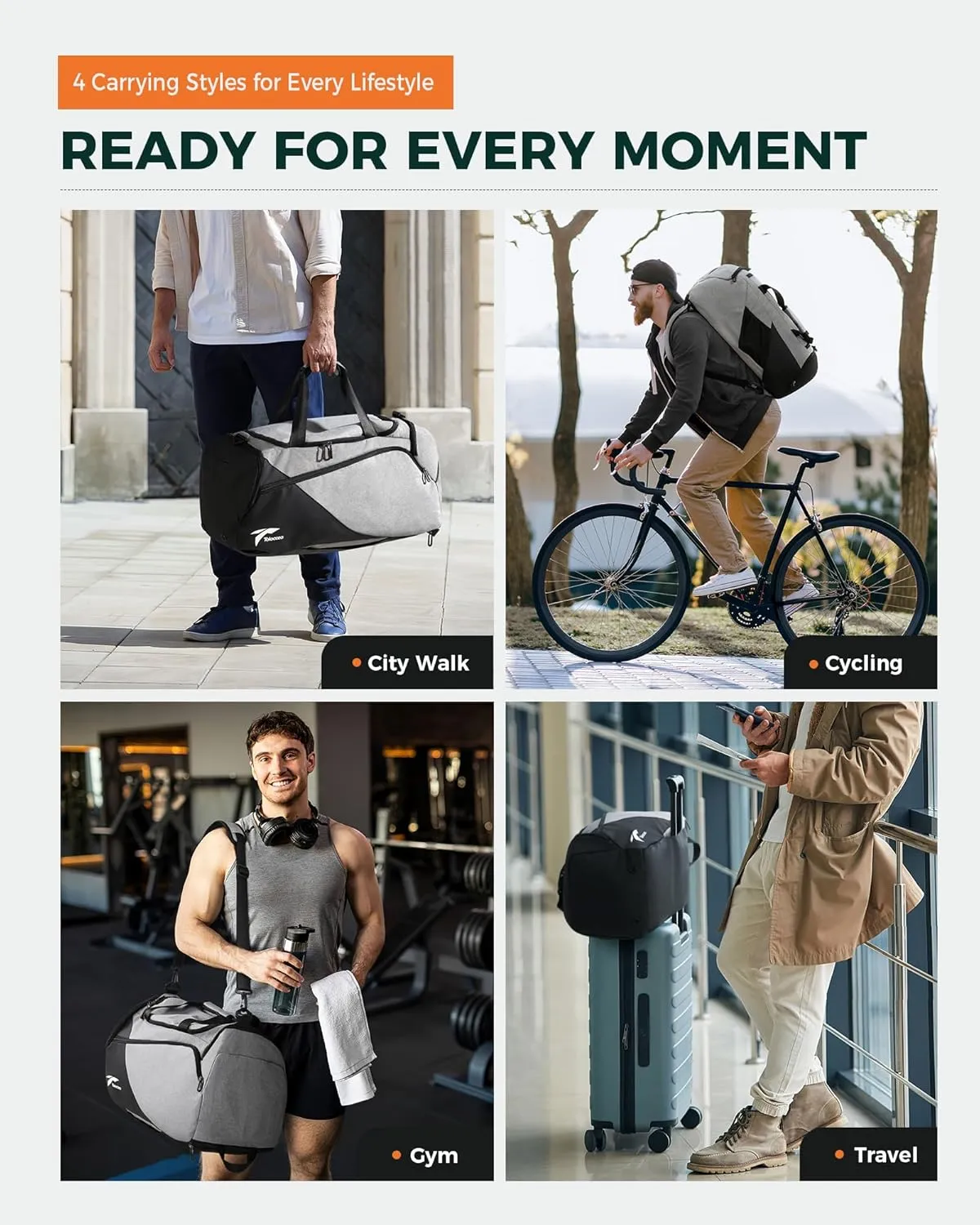 Tolaccea Gym Bag for Men Women, Large Sports Bag with Shoe Compartment, Travel Duffle Bag with Backpack Straps, Weekender Duffel Bags Carry On Backpack for Gym, Travel, Fitness, Workout (Grey, 60L)