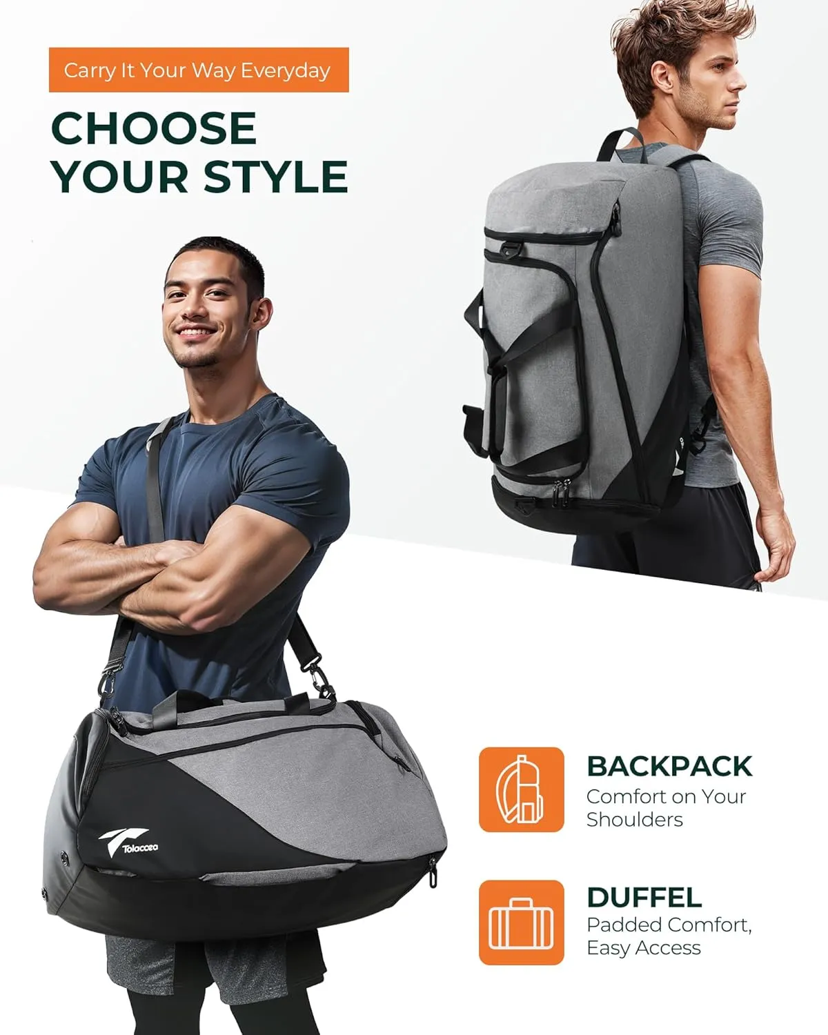 Tolaccea Gym Bag for Men Women, Large Sports Bag with Shoe Compartment, Travel Duffle Bag with Backpack Straps, Weekender Duffel Bags Carry On Backpack for Gym, Travel, Fitness, Workout (Grey, 60L)