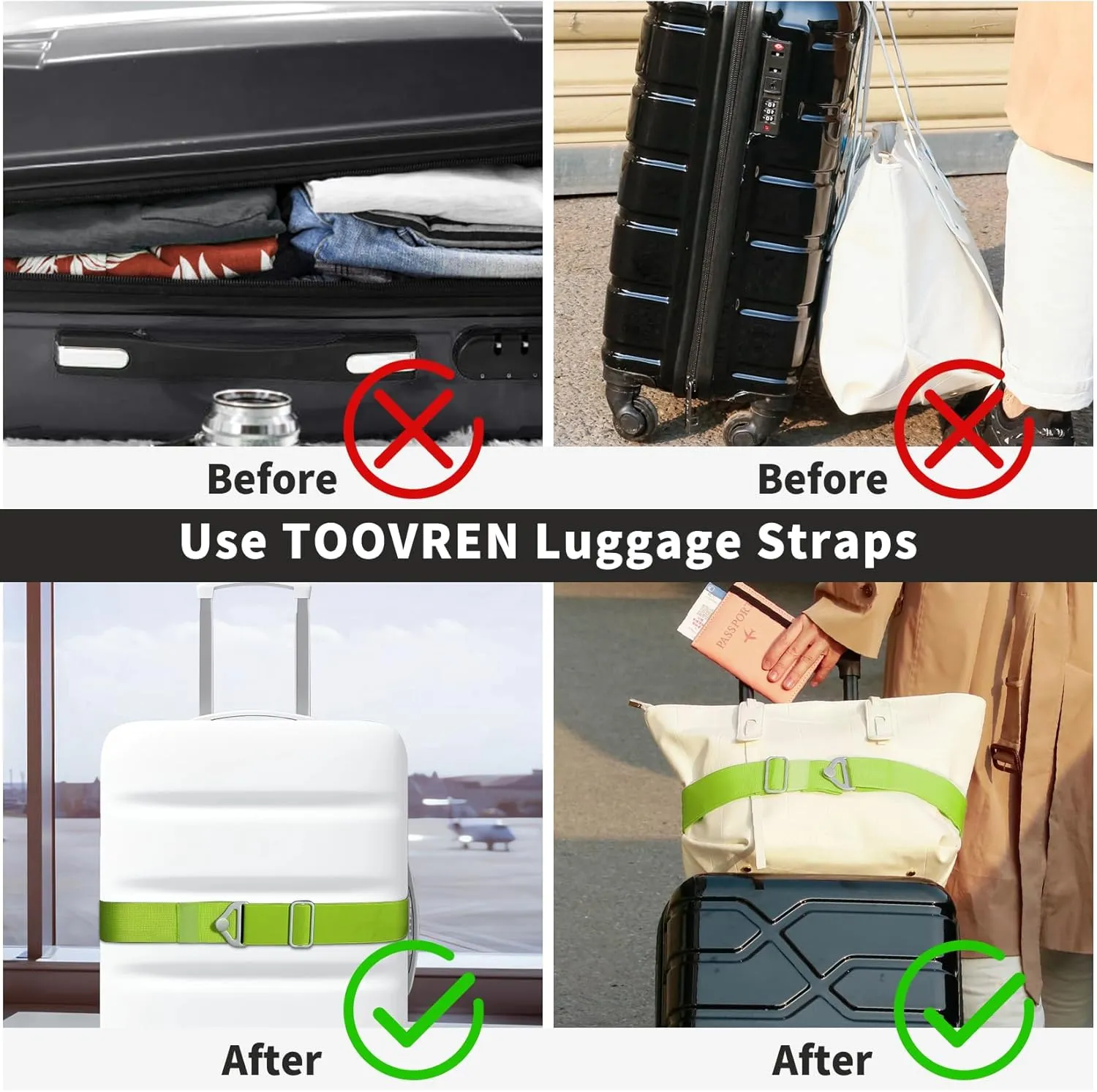 TOOVREN 2-in-1 Travel Belt for Luggage Straps Add a Bag Bungees Suitcase Luggage Strap Over Handle Suitcases Belt for Carry On Bag Adjustable Backpack Attachment Airport Travel Accessories Green