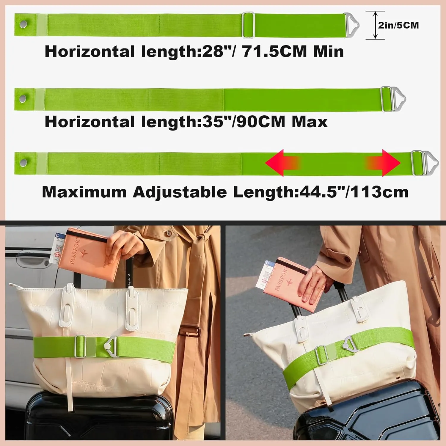 TOOVREN 2-in-1 Travel Belt for Luggage Straps Add a Bag Bungees Suitcase Luggage Strap Over Handle Suitcases Belt for Carry On Bag Adjustable Backpack Attachment Airport Travel Accessories Green