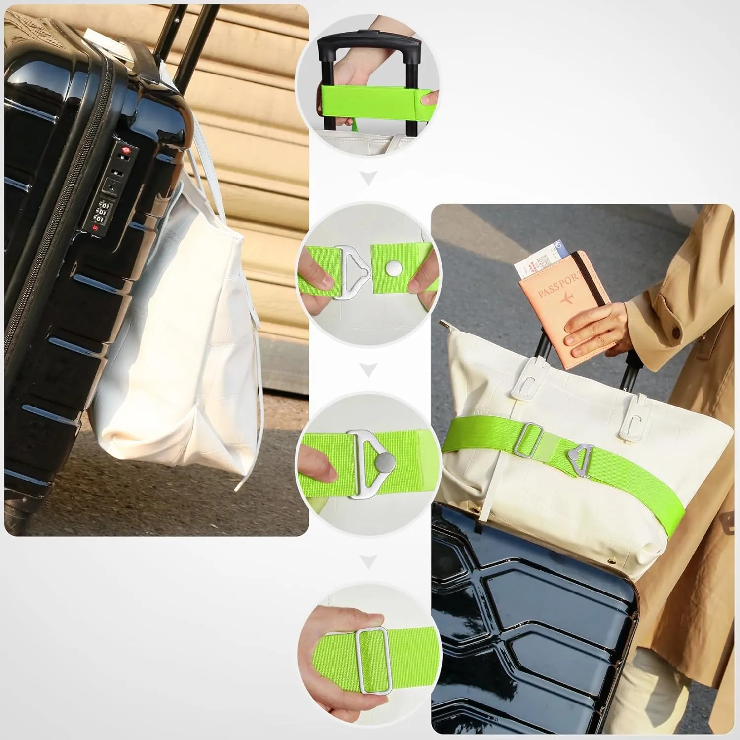 TOOVREN 2-in-1 Travel Belt for Luggage Straps Add a Bag Bungees Suitcase Luggage Strap Over Handle Suitcases Belt for Carry On Bag Adjustable Backpack Attachment Airport Travel Accessories Green