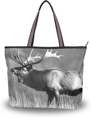 Tote Bag Elk Grassland Black White for Women Durable Designer Handbag with Zipper for Daily Use L
