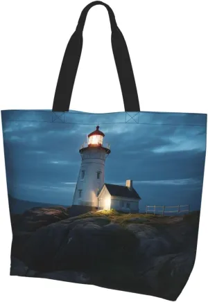 Tote Bag for Women Grocery Bag Reusable Aesthetic Shopping Bags Lighthouse at night Beach Handbag