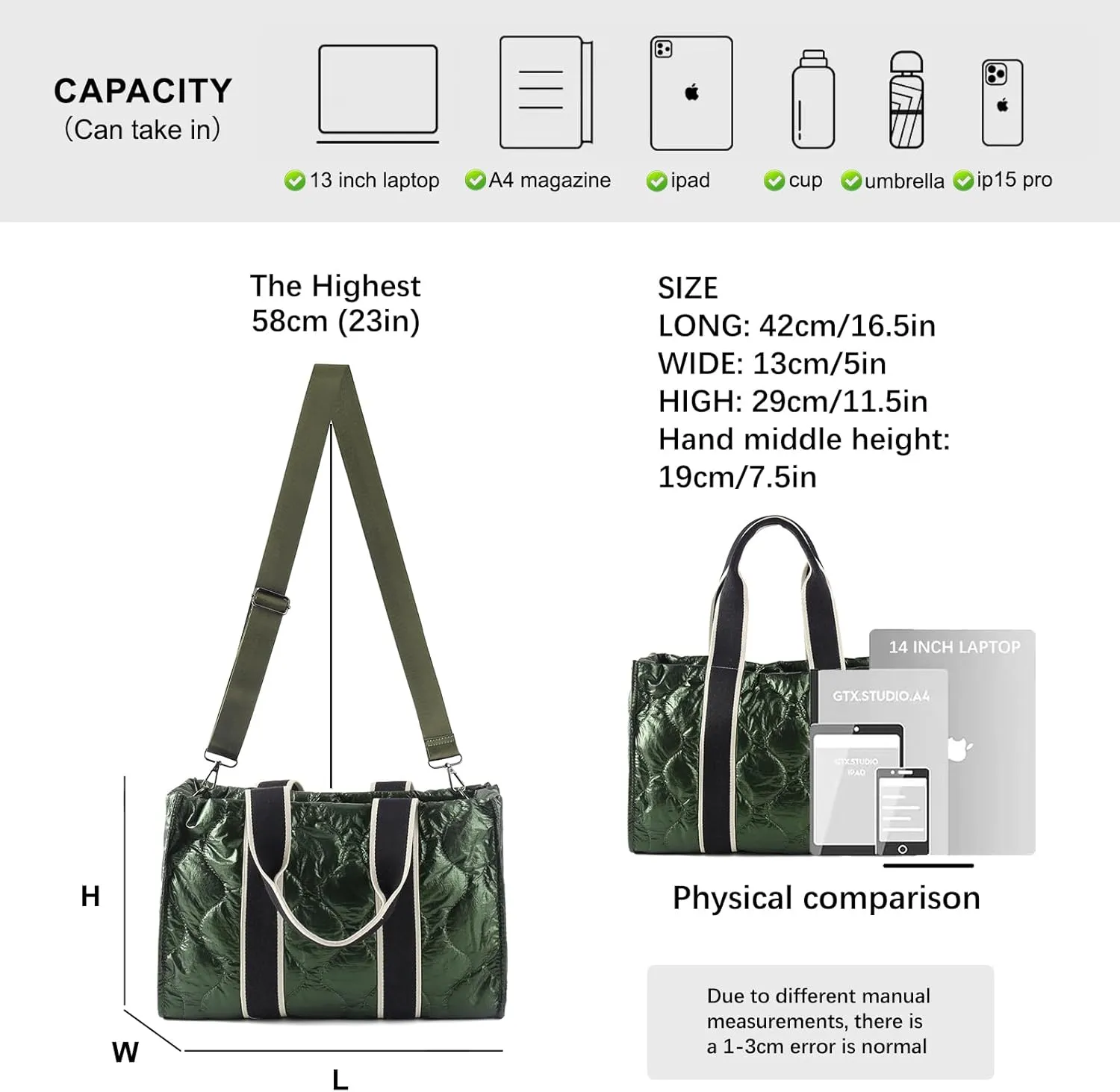 Tote Bag for Women Large Quilted Handbag Detachable Strap Crossbody Bag Down Cushion Shoulder Handbag