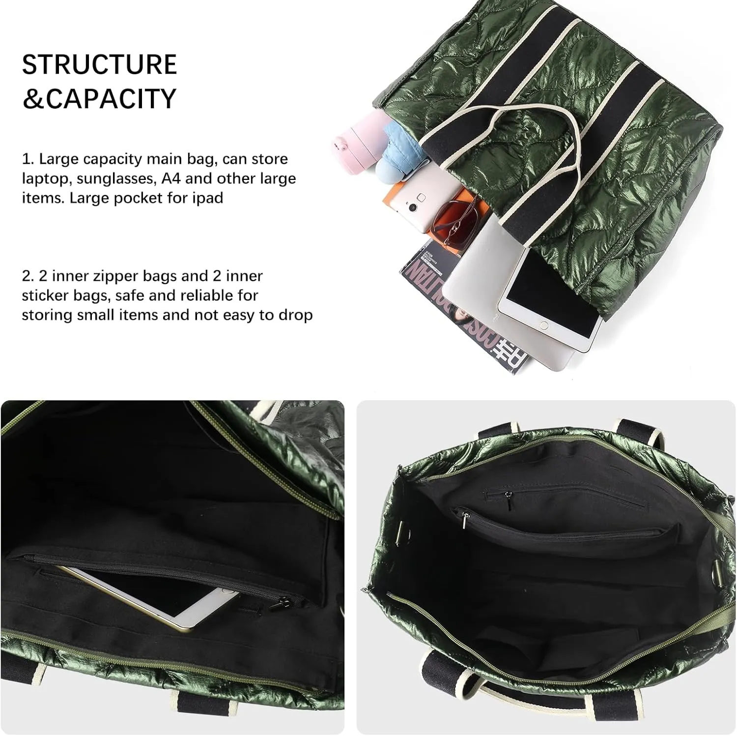 Tote Bag for Women Large Quilted Handbag Detachable Strap Crossbody Bag Down Cushion Shoulder Handbag