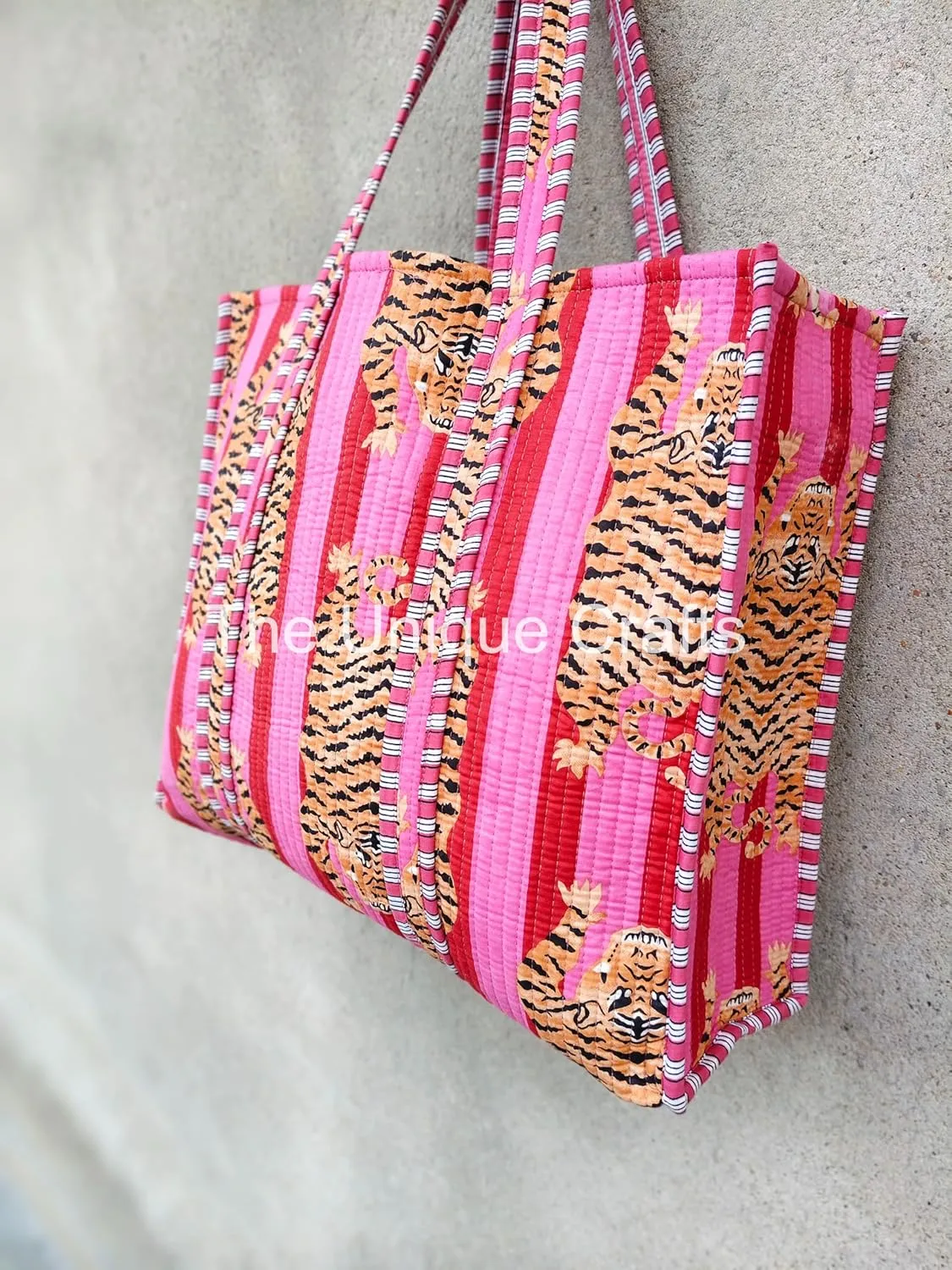 Tote Bag For Women, Shoulder Purse with Inner Pocket, Quilted Cotton Handprinted Reversible Large Multicolor Tote Bag