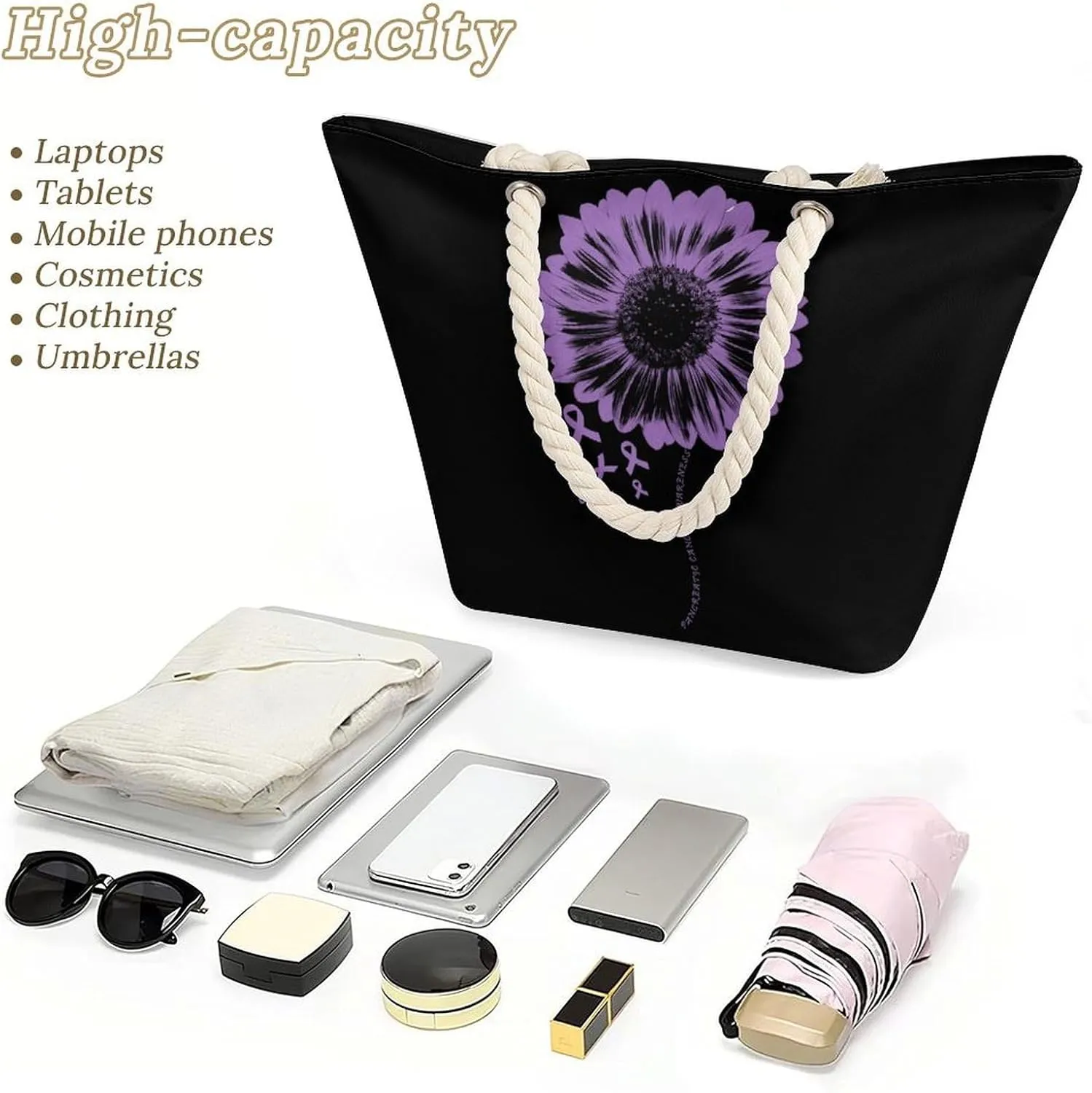 Tote Bag Large Handles Beach Bag with Zipper for Shopping Groceries Travel Outdoors Swim Pool Bag