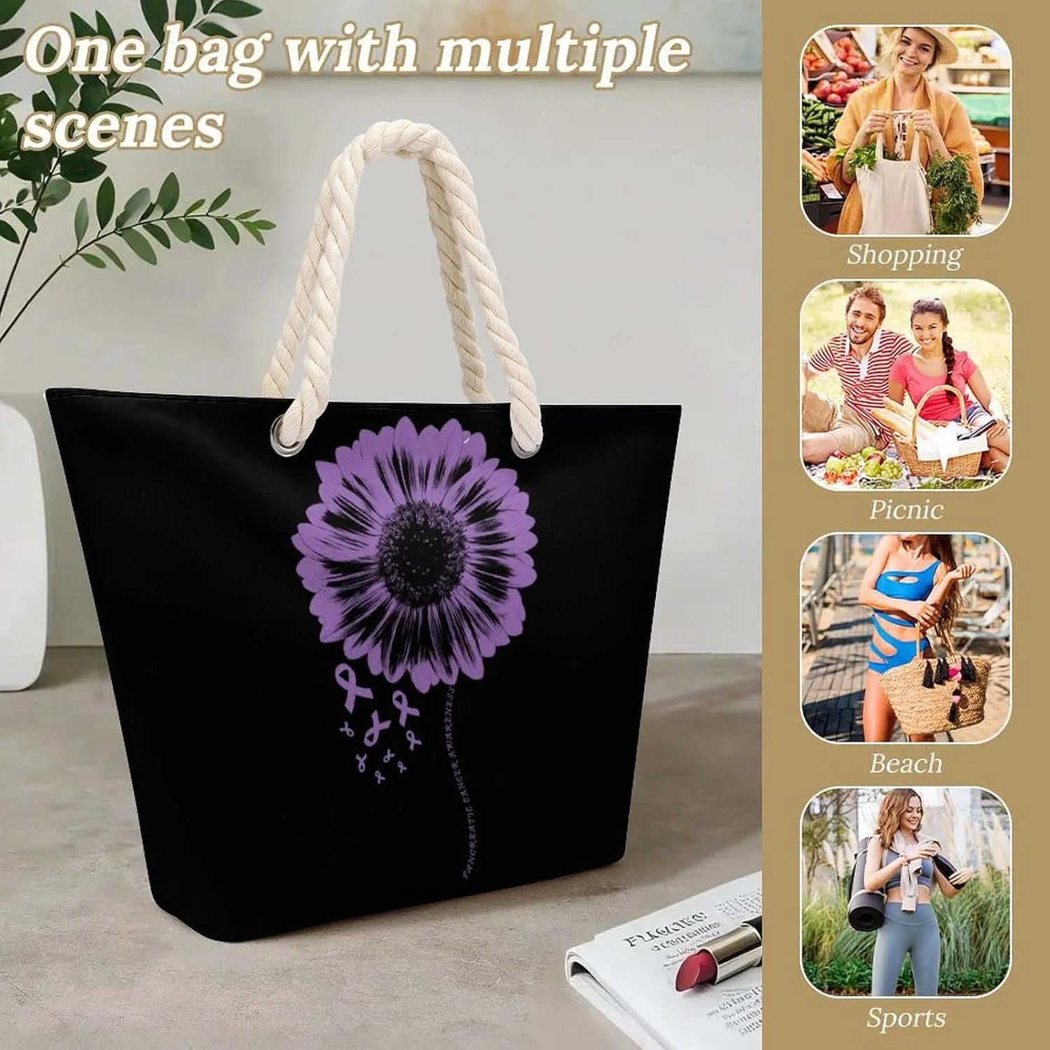 Tote Bag Large Handles Beach Bag with Zipper for Shopping Groceries Travel Outdoors Swim Pool Bag