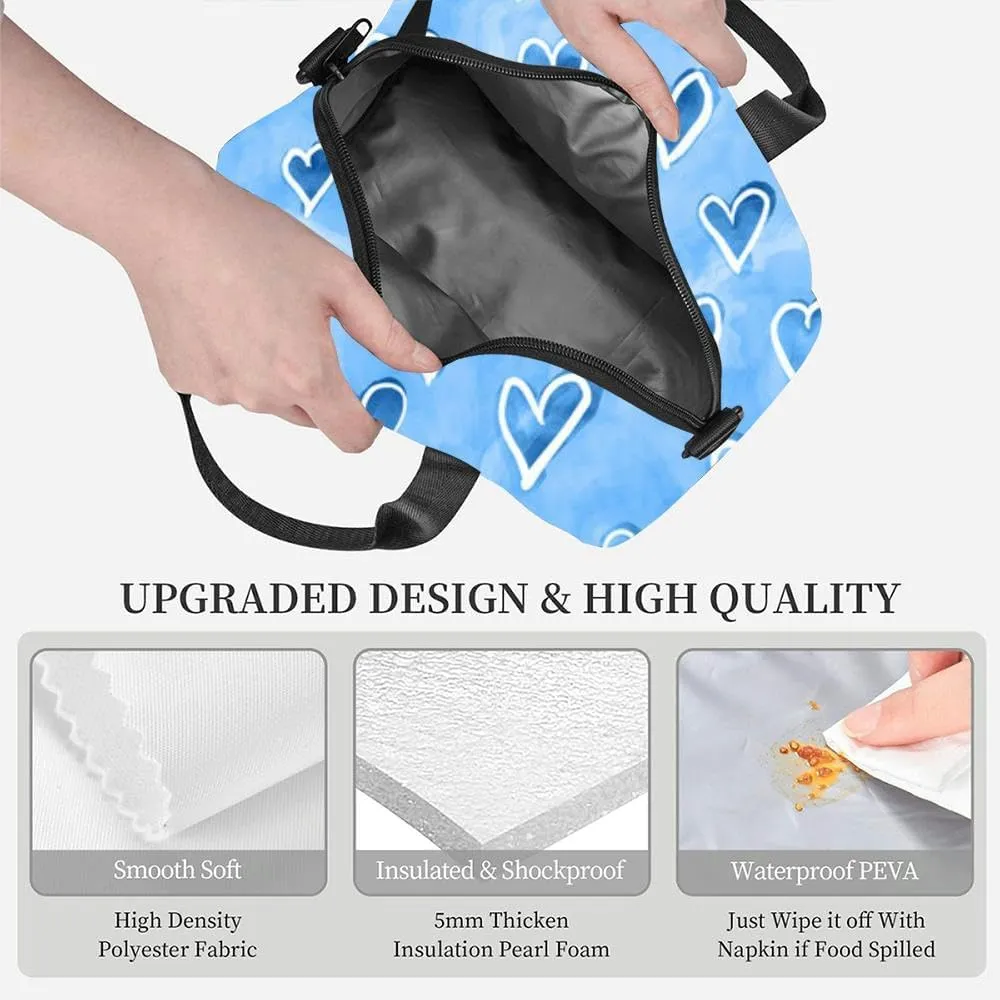 Tranquil blue playful hand drawn doodle valentine hearts Cute ult Insulated Adult Lunch Bag with Shoulder Strap for Women Lightweight Reusable Portable Freezable Lunch Tote Bag for Work Picnic