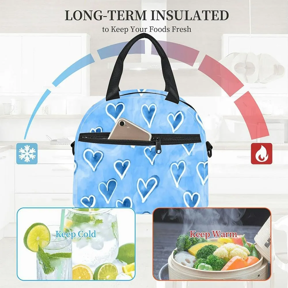Tranquil blue playful hand drawn doodle valentine hearts Cute ult Insulated Adult Lunch Bag with Shoulder Strap for Women Lightweight Reusable Portable Freezable Lunch Tote Bag for Work Picnic