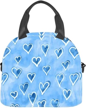 Tranquil blue playful hand drawn doodle valentine hearts Cute ult Insulated Adult Lunch Bag with Shoulder Strap for Women Lightweight Reusable Portable Freezable Lunch Tote Bag for Work Picnic