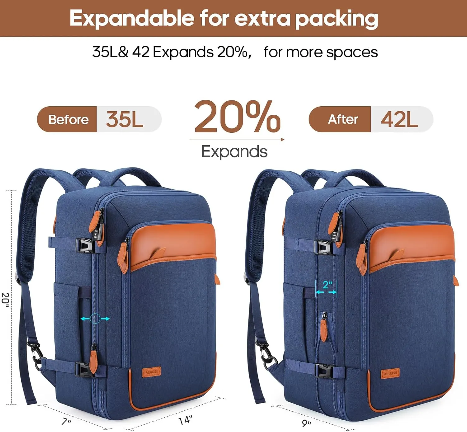 Travel Backpack, 42L Laptop Backpack, Carry-on Approved Bag for Men & Women, Waterproof Luggage with Packing Cubes, Shoe Pocket, Personal Item Size for Flights