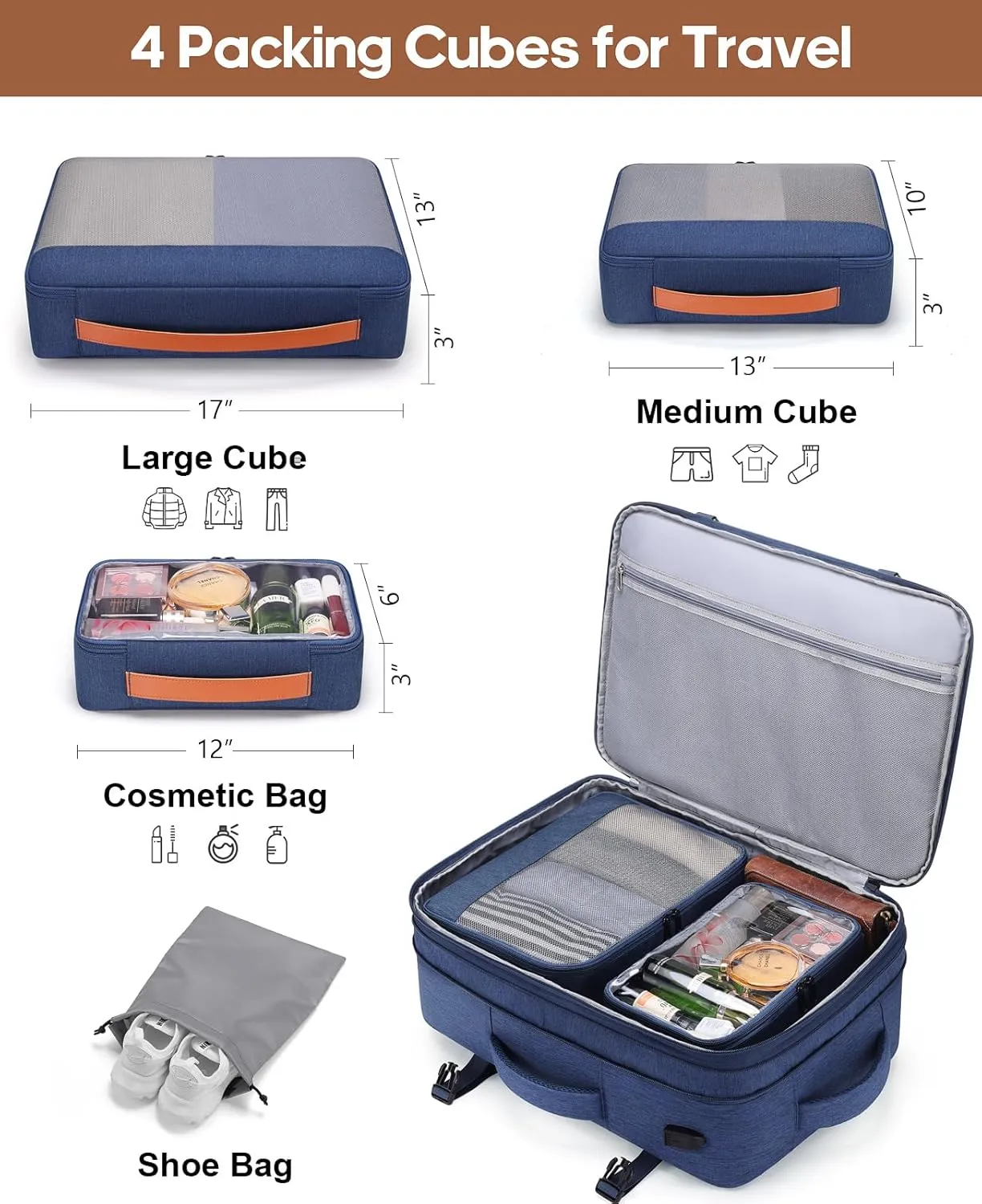 Travel Backpack, 42L Laptop Backpack, Carry-on Approved Bag for Men & Women, Waterproof Luggage with Packing Cubes, Shoe Pocket, Personal Item Size for Flights