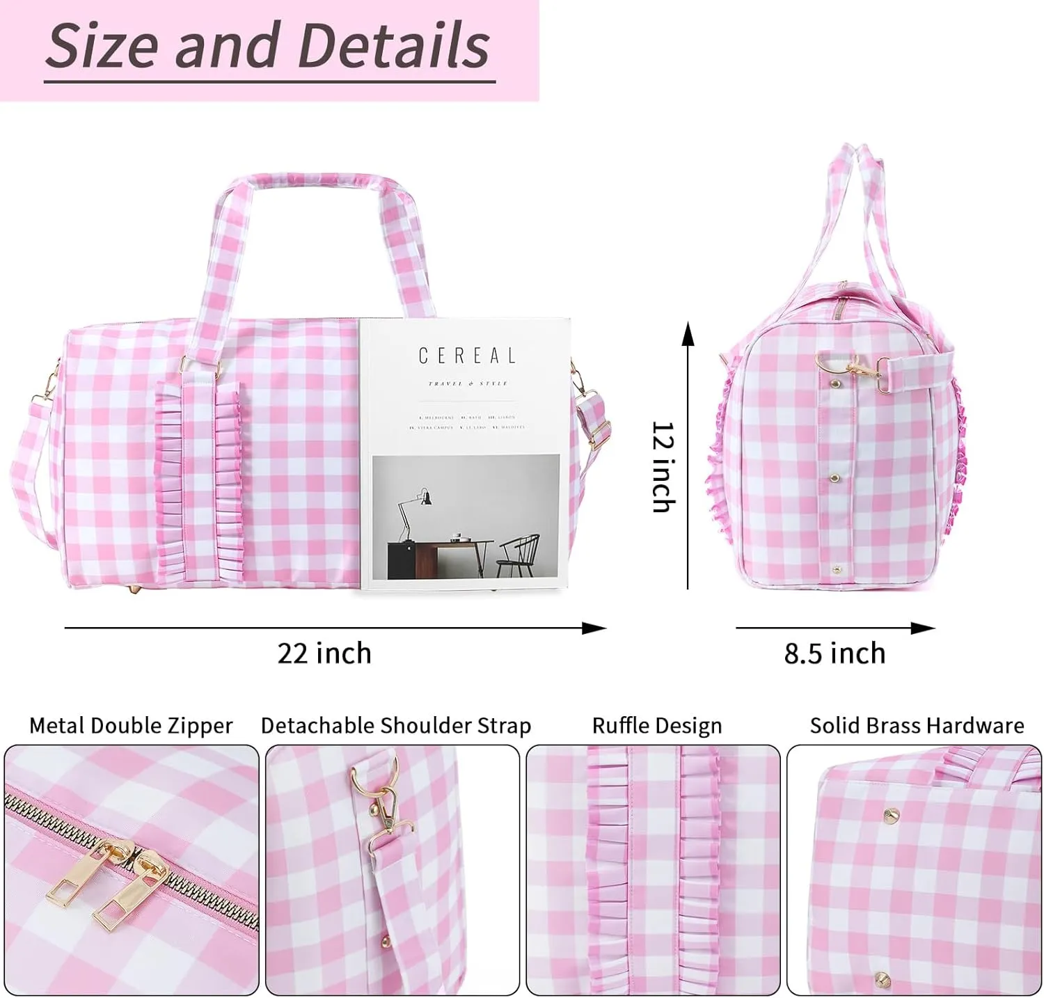 Travel Bags Pink Large Duffle Bag Gingham Weekender Bag for Girls Overnight Bag Airlines Carry on Luggage