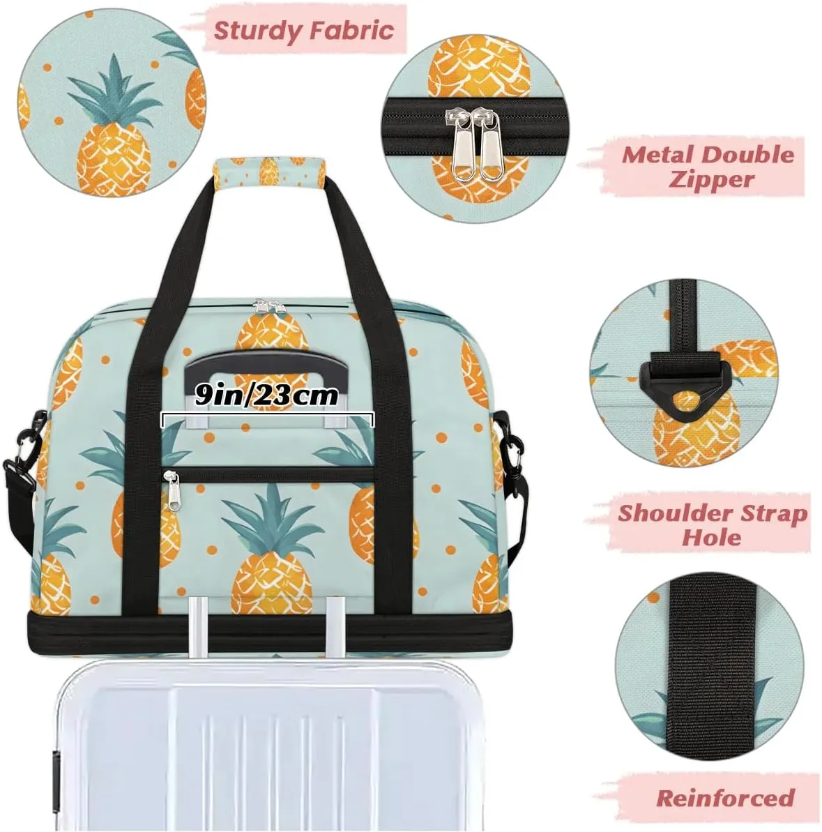 Travel Duffel Bag Pineapples Fruit Print Weekender Bag with Shoe Compartment Foldable Overnight Bags for Travel Sports Lightweight Gym Bags for Men Women