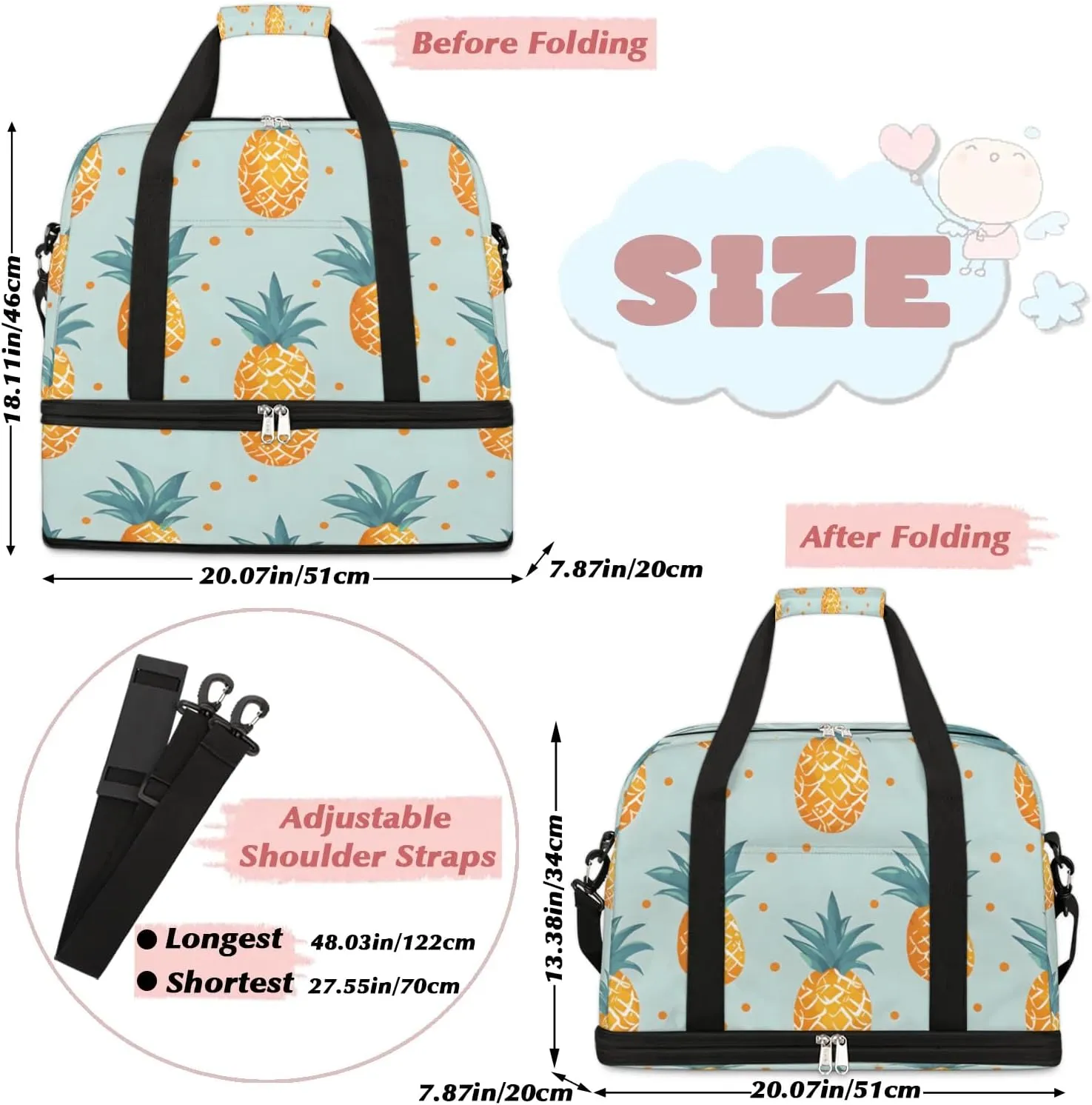 Travel Duffel Bag Pineapples Fruit Print Weekender Bag with Shoe Compartment Foldable Overnight Bags for Travel Sports Lightweight Gym Bags for Men Women