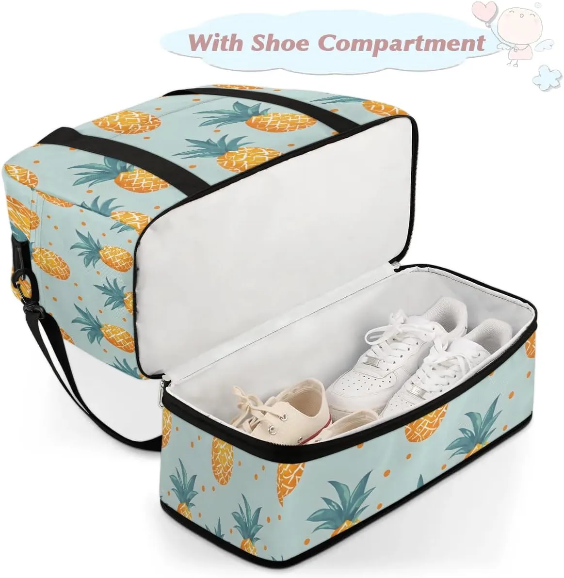Travel Duffel Bag Pineapples Fruit Print Weekender Bag with Shoe Compartment Foldable Overnight Bags for Travel Sports Lightweight Gym Bags for Men Women